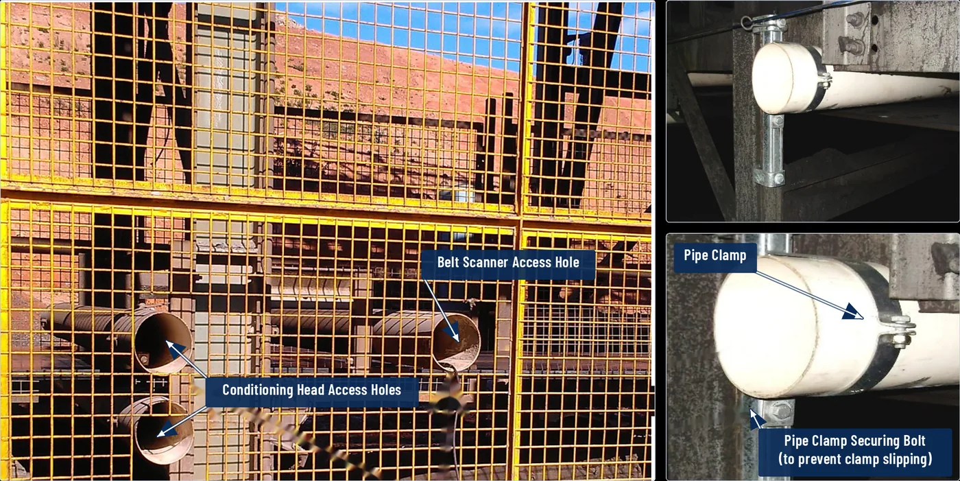 Mounting tubes installed on the conveyor, capped and ready for the scanner