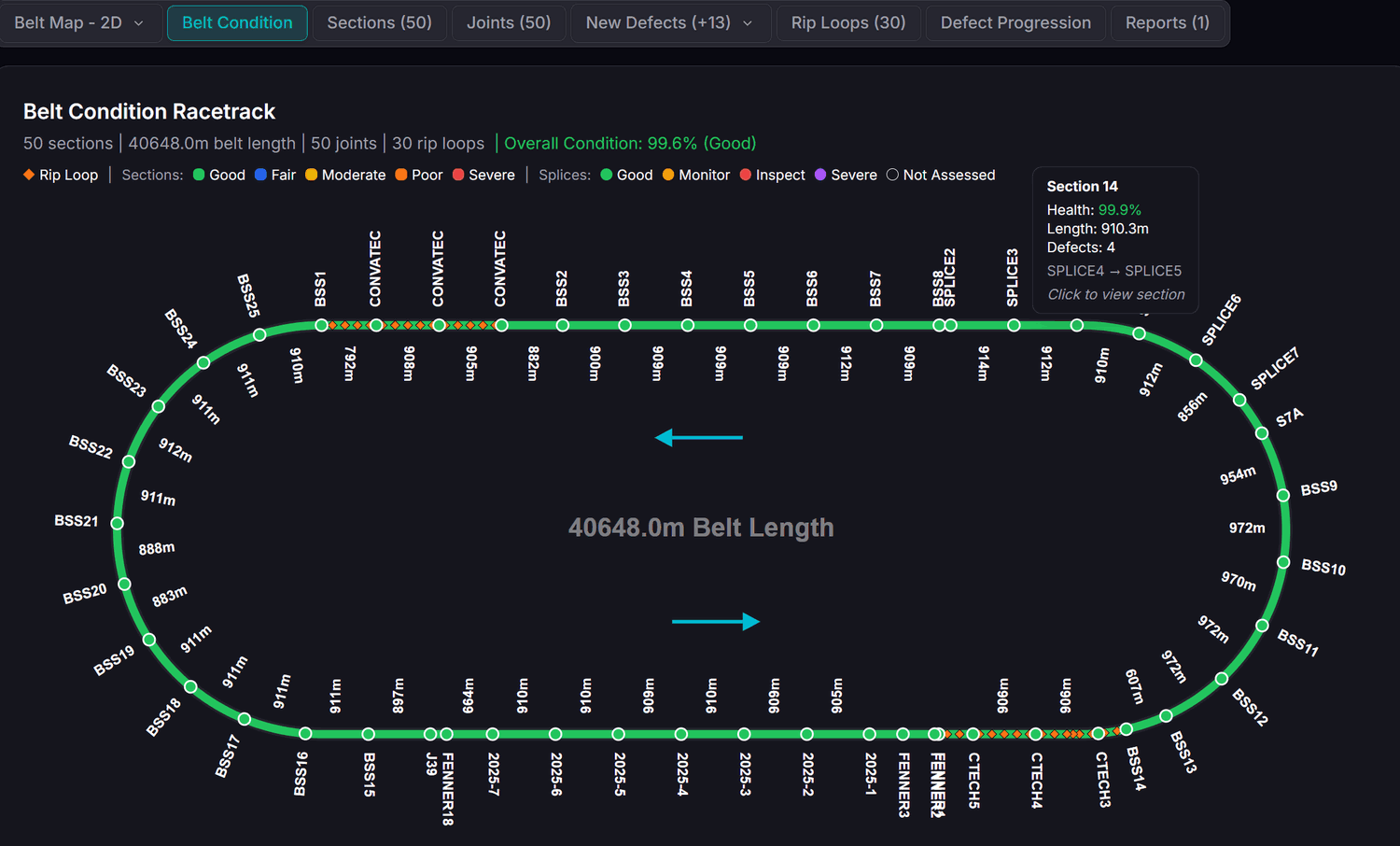 Online portal &mdash; belt condition overview showing whole-belt health, sections, joints and rip loops